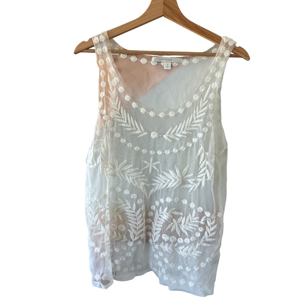 Lauren Conrad Mesh Embroidered Cream Sleeveless Top Women Medium Floral Ethereal